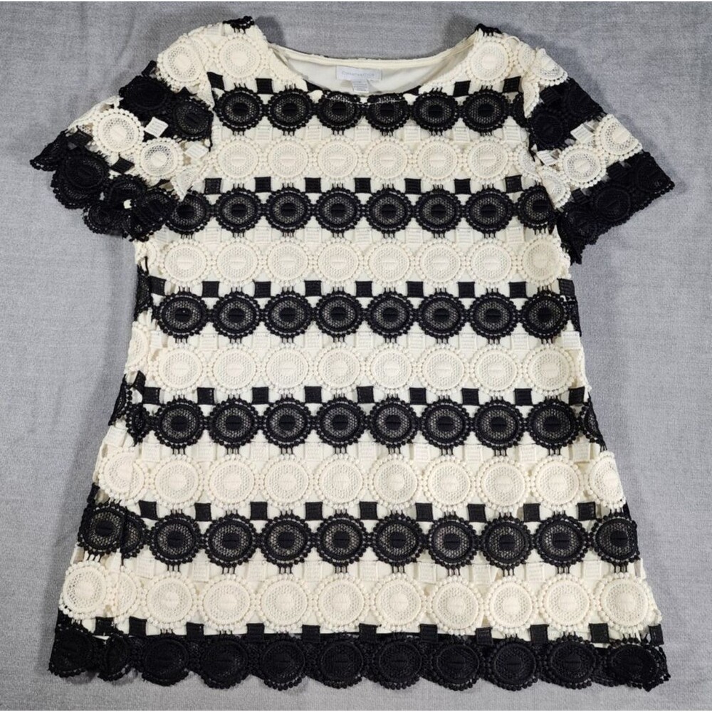 Charter Club Women's M Black White Eyelet Lined Short Sleeve Blouse Top